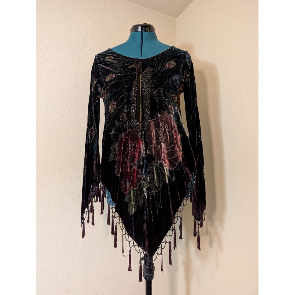 Ethos Velvet Peacock Beaded Fringe Tassel Hankerchief Top Purple Medium READ